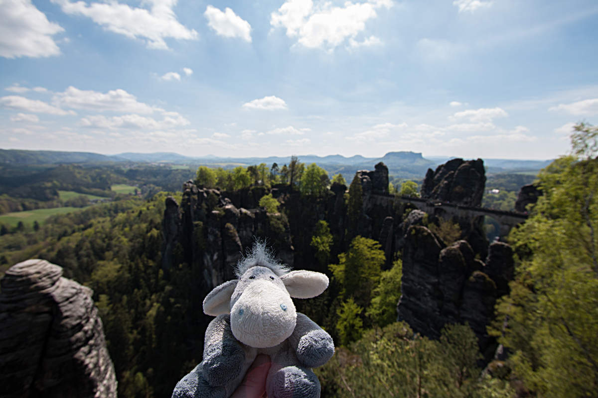 Der Esel vor der Basteiaussicht im Elbsandsteingebirge